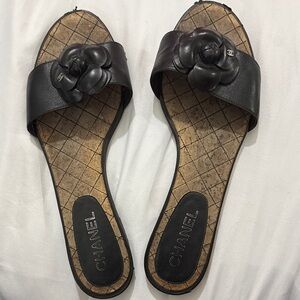 CHANEL Black Camellia Leather Slide Sandals